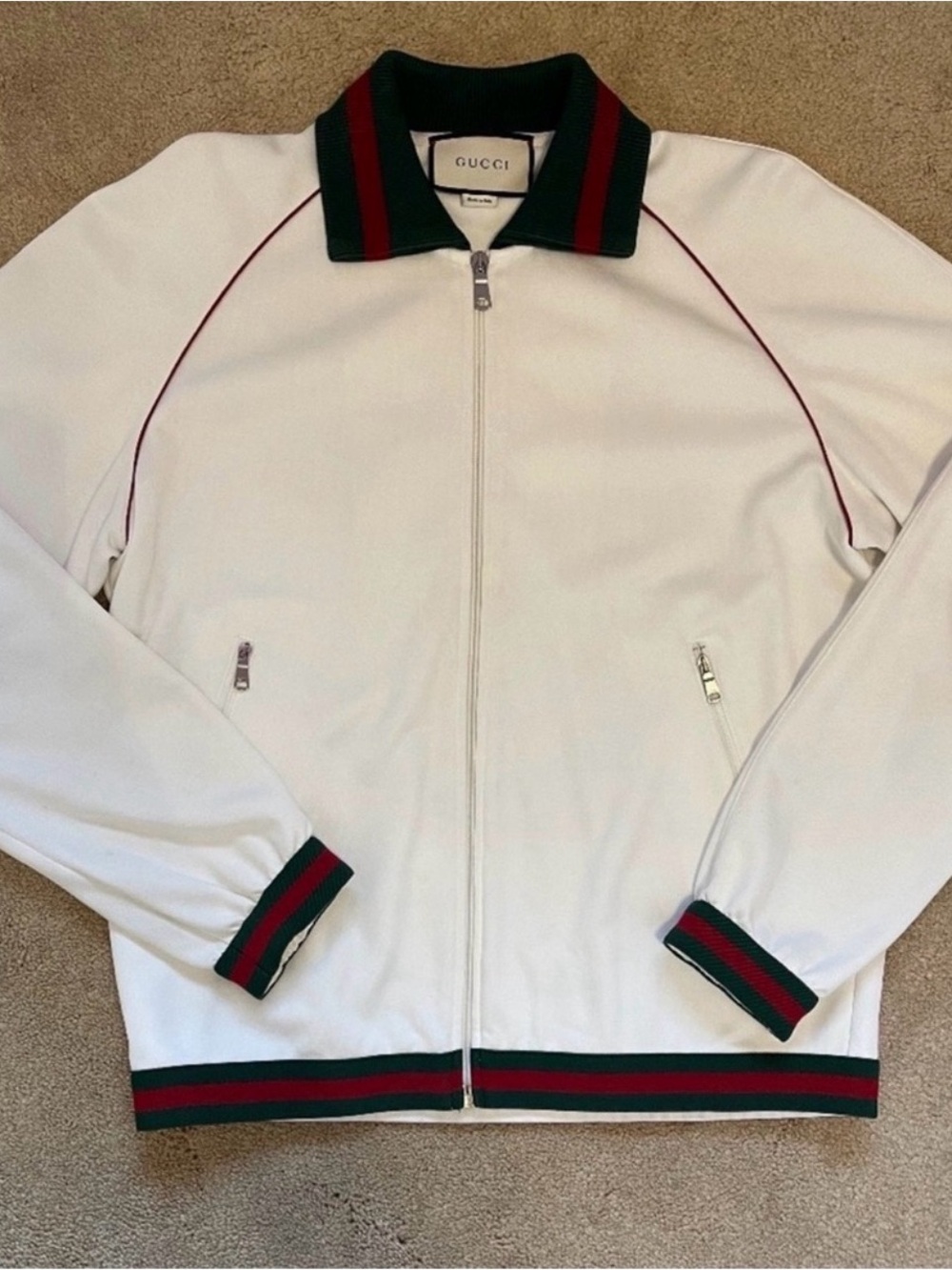 Gucci White Track Jacket with Green & Red Striped Trim